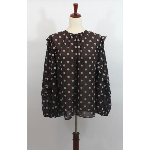 PEARL by LELA ROSE Sz XL Chestnut Brown Polka Dot Ruffle Blouse Top NWT - Picture 1 of 8